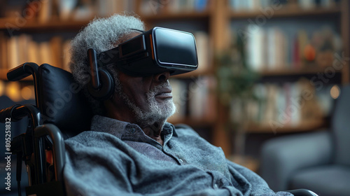 Disabled old black man with grey hair sitting on a wheelchair, wearing a virtual reality headset