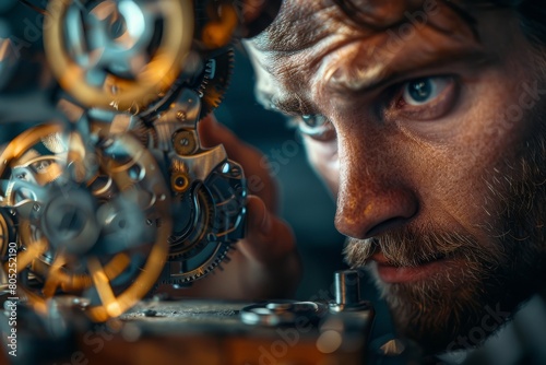 Close-up of a watchmaker's focused expression as he examines the complex inner workings of a timepiece, magnification highlighting every tiny detail