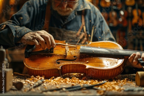 The precise hands of a luthier at work on a violin's neck, surrounded by tools and wood shavings, under the warm light of his workshop, showcasing the dedication to his craft