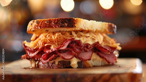 Delicious Reuben sandwich photography,A classic Reuben sandwich with layers of corned beef tangy sauerkraut melted Swiss cheese and creamy Russian dressing served on toasted rye bread. Generated AI
