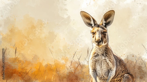 A kangaroo sits in a field of grass. The kangaroo is looking at the camera. The background is a blur of brown and yellow.