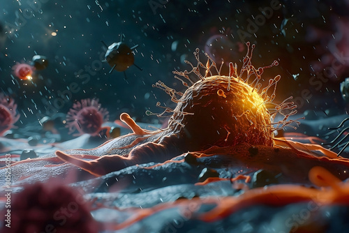 An illustration where immune cells besiege a cancer cell is shown.