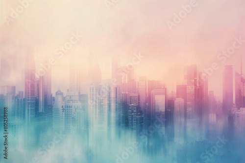 Pastel hues and gentle textures over a blurred urban background, conveying a serene, artistic city mood 