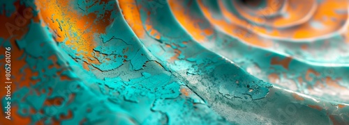 Abstract curved copper sheet with verdigris patina. Artistic design and metalwork concept. Design for wallpaper, background, or poster.