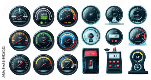 The electric car gauge scale modern set with the energy meter and battery power level indicator is used in dashboard panels for measuring petrol.