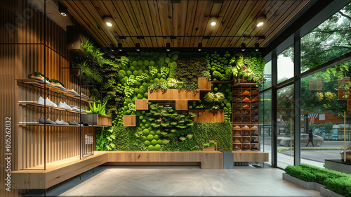 A sustainable shoe store with a living green wall, and a modern, wood-and-glass design,