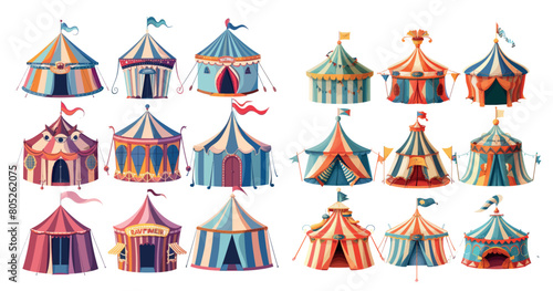 An amusement park vintage carnival circus tent with flags, a fun attraction.