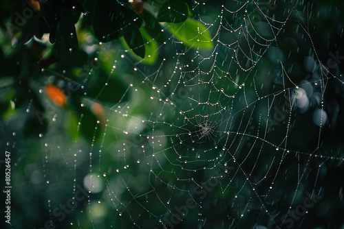 Raindrops on a spiders web, a metaphor for the interconnectedness and vulnerability of life on Earth 