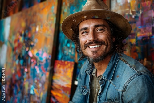 Artist with a hat smiling confidently in his studio with a background of vivid abstract paintings