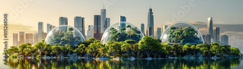 A city is surrounded by three domes, each one containing a forest