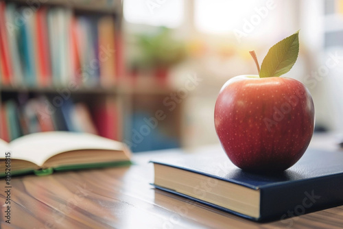 School books and apple on a teachers desk close-up on preparation and nourishment of the mind 