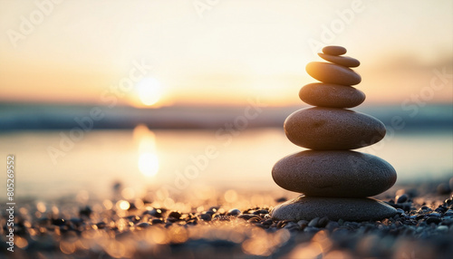 A serene stack of balanced stones on a calm beach, symbolizing peace and mindfulness.