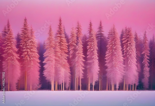 Frosty tree grove at dusk with a pink sky.