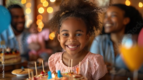 Attractive little black girl celebrates birthday with cake and candles Surrounded by pastel balloons and festive decorations.