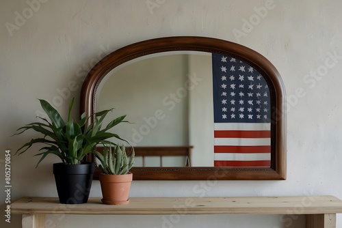 Blooming Homefront: Window Flowers Framed by American Flag