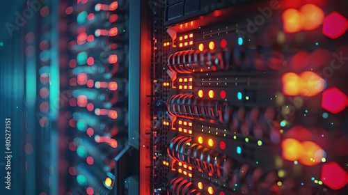 close - up of a server rack with blinking status lights, featuring a red light on the left