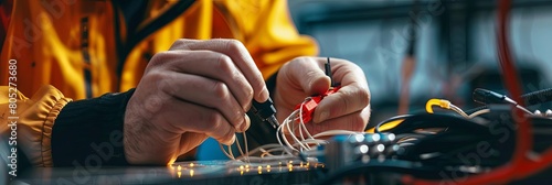 close - up of a technician splicing fiber optic cables with precision tools, as seen through the blurry hand and finger in the foreground