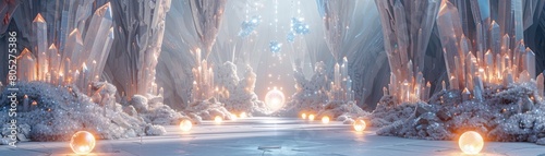 A fantasy scene with a long hallway filled with crystals and glowing orbs