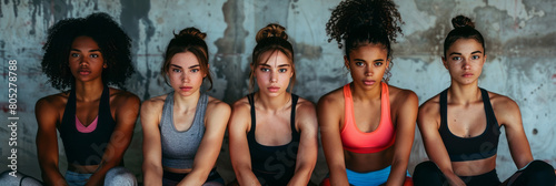 Five diverse women sit side by side in the gym, dressed in yoga pants and sportswear, looking at the camera with serious expressions.