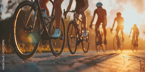 A group of cyclists ride their bikes on the road, captured in a close-up view during the golden hour light.