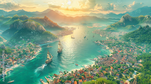 Panoramic View of Montenegro Coastline, Adriatic Sea with Boats and Historic Town, Sunset Seascape
