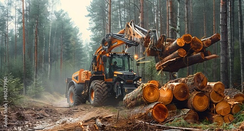 Harvester at Work in the Forest, Collecting Wood for Renewable Energy