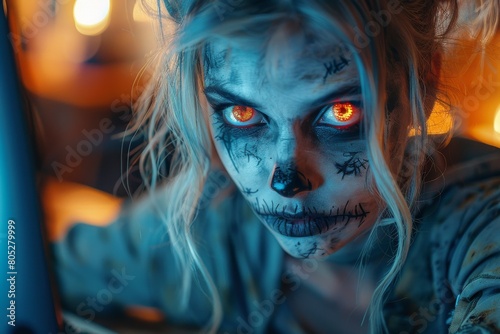 Woman with skull makeup has glowing eyes, showcasing Halloween or horror themes in a neon setting