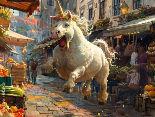 A digital painting captures the chaotic antics of a funny, fat unicorn running through a farmers market 8K , high-resolution, ultra HD,up32K HD