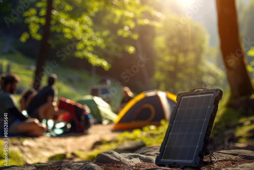 Close-up of a portable solar panel charging in the sunlight with blurred campers and tents in the background, showcasing sustainable energy use during outdoor activities