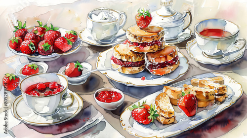 A delicious afternoon tea spread with fresh strawberries, scones, clotted cream, and tea.
