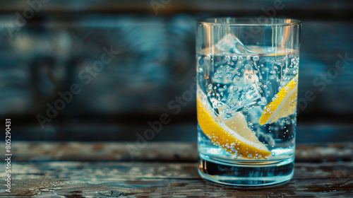 Glass of cold gin and tonic on dark wooden background
