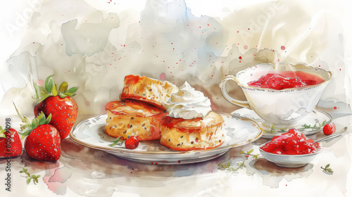 cottage cheese pancakes with strawberries and sour cream on a white plate.Pang Bian You Yi Die Xin Xian Cao Mei He Yi Hu Guo Jiang