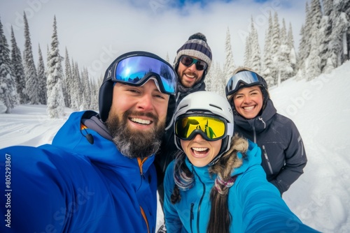 Friendly Skiing friends selfie. Snow group. Generate Ai