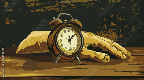 Wooden hand with alarm clock on table style vector