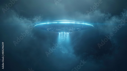 Alien flying saucer or UFO Blowing smoke at night floating above the sky. Flying objects such as spaceships and alien invasions. Extraterrestrial life. Space travel. Spaceships.