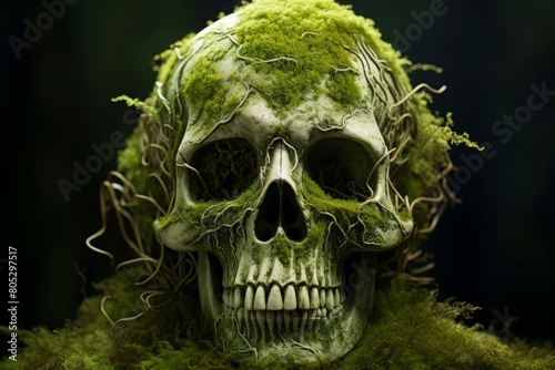 Ancient Skull moss nature. Park natural. Generate Ai
