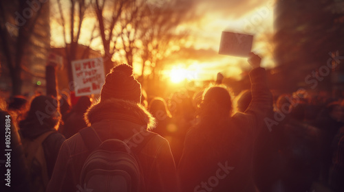  Powerful campus protest photo. Diverse crowd rallies for change. sunset background.