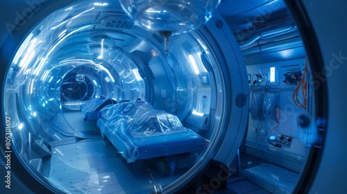 Dangerous Thunder Looms Over Cryogenic Hibernation Pod in Futuristic Lab