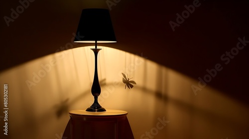 A fake bug placed inside a lampshade, casting a large shadow to scare the viewer