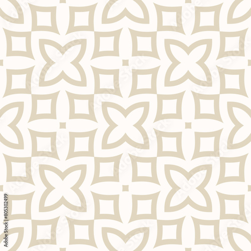 Subtle vector geometric floral seamless pattern in oriental asian style. Gold and white texture with flowers, leaves, diamonds, curved shapes, repeat tiles. Simple background. Abstract repeat ornament