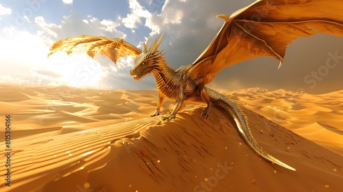 Majestic Fire Breathing Dragon Soaring Over Dramatic Desert Landscape at Sunset