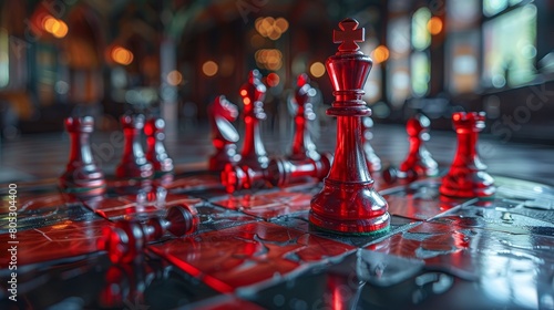 A dramatic chessboard scene with fallen red and clear pieces, suggesting strategy, defeat, and contemplation