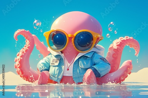 A octopus with sunglasses, octane render, vibrant colors