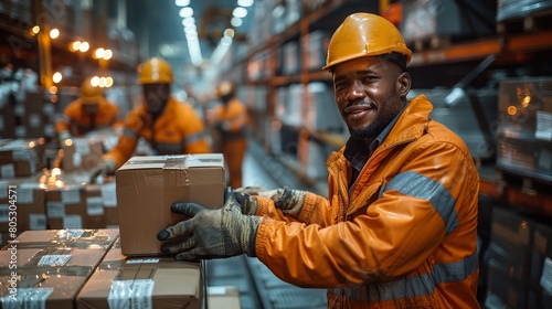 A professional handover at a shipping dock, workers transferring boxes under a tight schedule, the buzz of global commerce