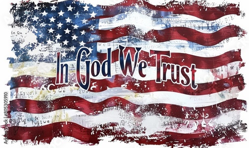 In God We Trust calligraphy lettering text on USA flag background. Abstract modern grunge painted flag of United States of America.