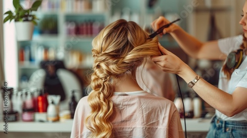 A Hairdresser Crafts a Chic Hairstyle for a Blonde Girl at a Beauty Salon