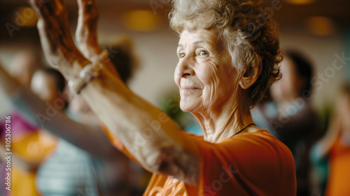 An elderly woman attending a fitness class tailored for seniors