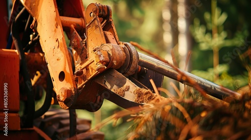Mechanical tree harvester in action, close-up, cutting blade, forest setting, vivid detail -