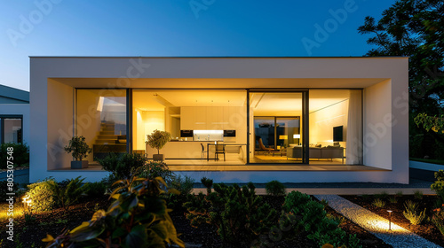 The modern white house at night, viewed from the garden. The interior lights shine through large sliding doors, 