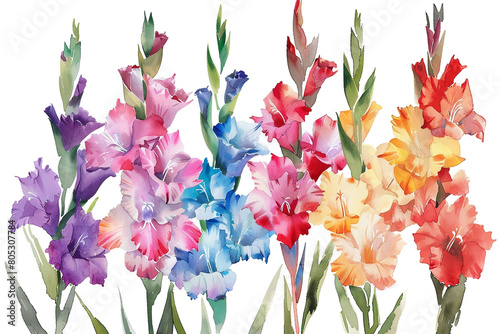 Watercolor gladiolus clipart with tall spikes of colorful blooms 